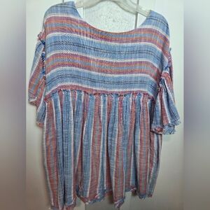 Free People Blue Striped Gauze Babydoll Top Boho Flutter Sleeve Small